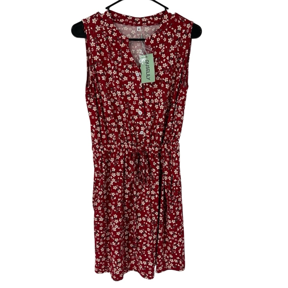 AUSELILY Women's Sleeveless Floral Mini Dress Red Flowers Size L NWT